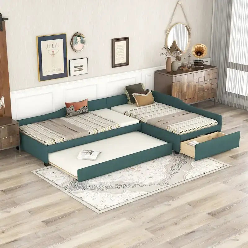 Divano letto singolo con cassetto, struttura letto in legno, doppia rete estraibile imbottita, non richiede box spring per ragazzi