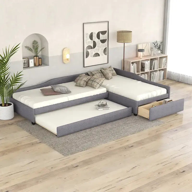 Twin Size Daybed with Drawer, Wooden Support Bed Frame, Upholstered Double Trundle, No Box Spring Needed for Teens