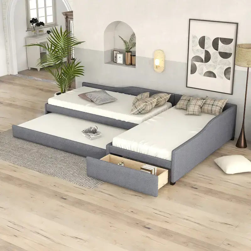 Divano letto singolo con cassetto, struttura letto in legno, doppia rete estraibile imbottita, non richiede box spring per ragazzi
