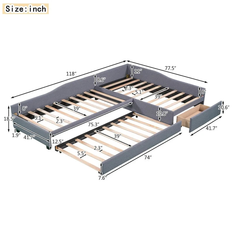 Divano letto singolo con cassetto, struttura letto in legno, doppia rete estraibile imbottita, non richiede box spring per ragazzi