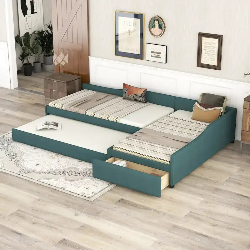 Divano letto singolo con cassetto, struttura letto in legno, doppia rete estraibile imbottita, non richiede box spring per ragazzi