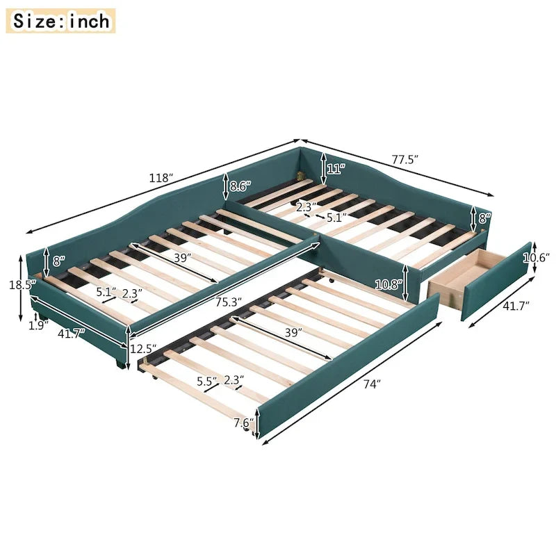 Divano letto singolo con cassetto, struttura letto in legno, doppia rete estraibile imbottita, non richiede box spring per ragazzi