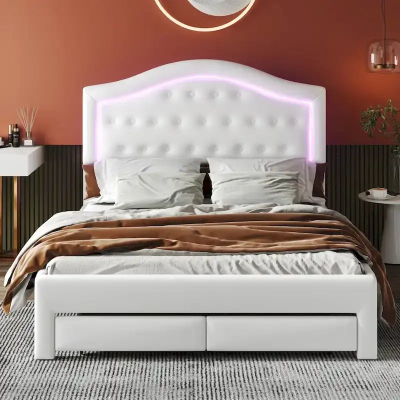 Letto imbottito con piattaforma, testiera capitonné, luci a LED e due cassetti per la camera da letto