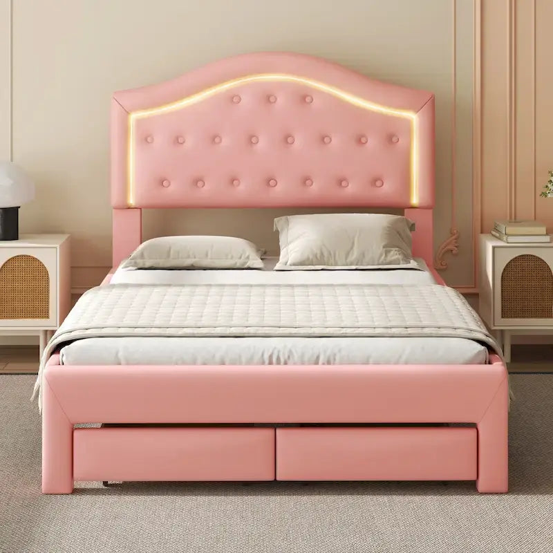 Letto imbottito con piattaforma, testiera capitonné, luci a LED e due cassetti per la camera da letto