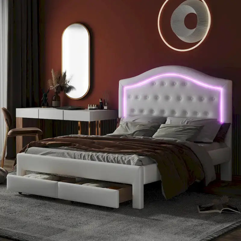 Letto imbottito con piattaforma, testiera capitonné, luci a LED e due cassetti per la camera da letto
