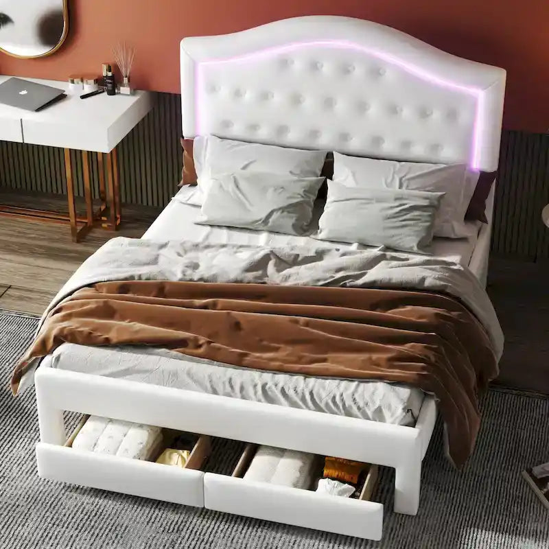 Letto imbottito con piattaforma, testiera capitonné, luci a LED e due cassetti per la camera da letto