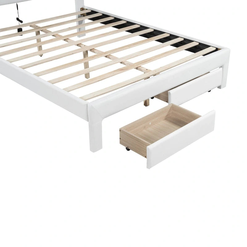 Letto imbottito con piattaforma, testiera capitonné, luci a LED e due cassetti per la camera da letto
