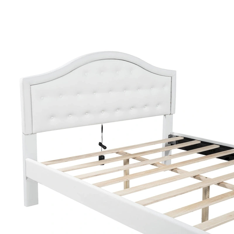 Letto imbottito con piattaforma, testiera capitonné, luci a LED e due cassetti per la camera da letto
