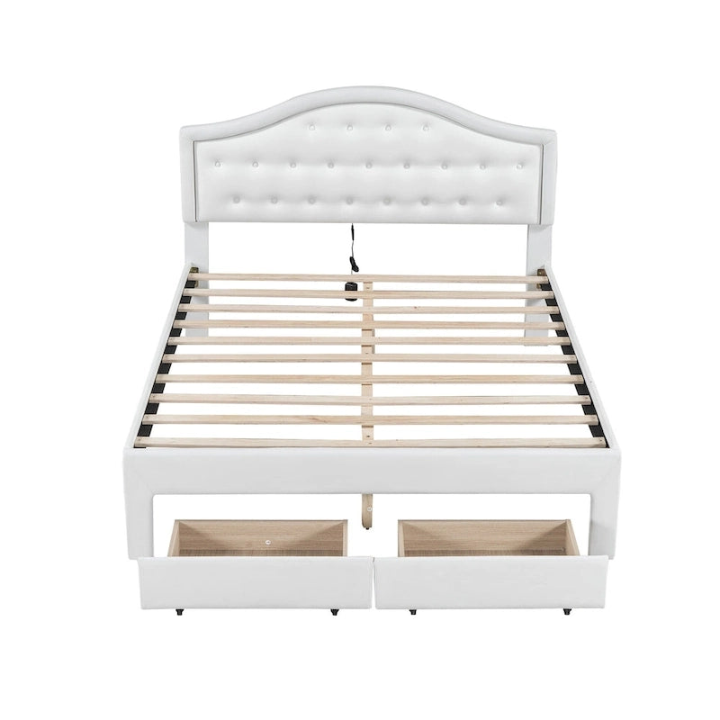 Letto imbottito con piattaforma, testiera capitonné, luci a LED e due cassetti per la camera da letto