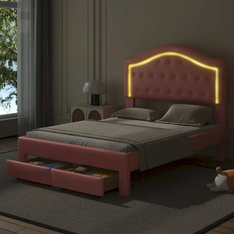 Letto imbottito con piattaforma, testiera capitonné, luci a LED e due cassetti per la camera da letto