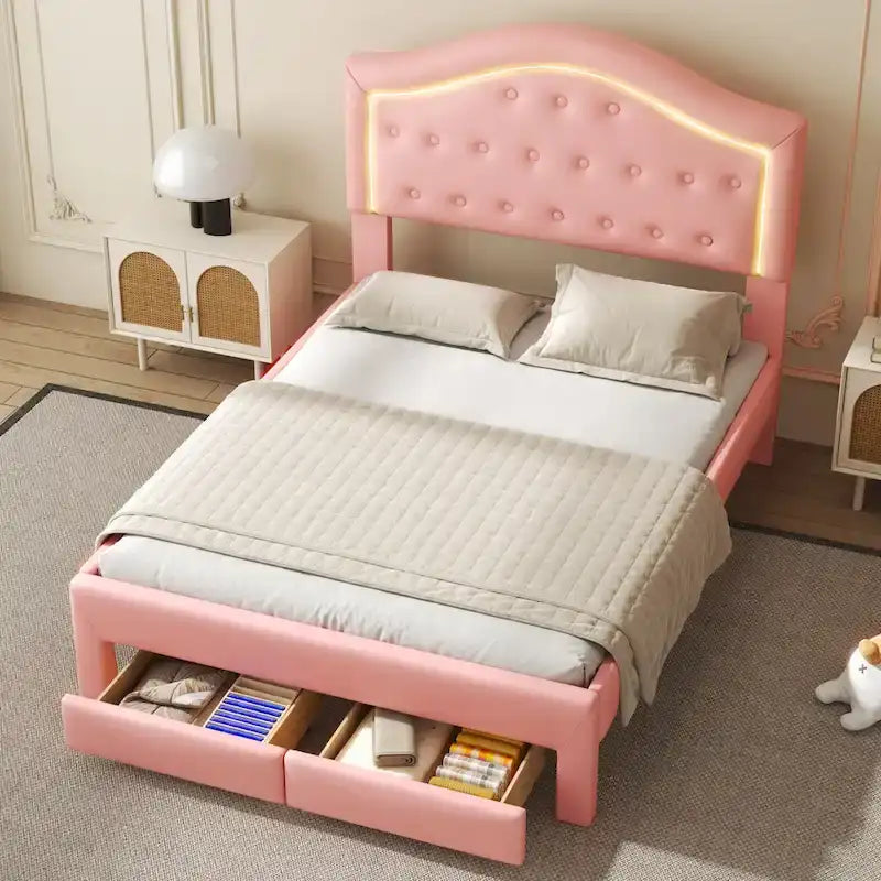 Letto imbottito con piattaforma, testiera capitonné, luci a LED e due cassetti per la camera da letto