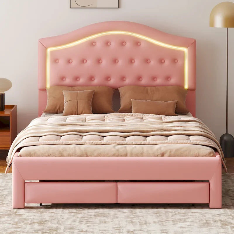 Letto imbottito con piattaforma, testiera capitonné, luci a LED e due cassetti per la camera da letto