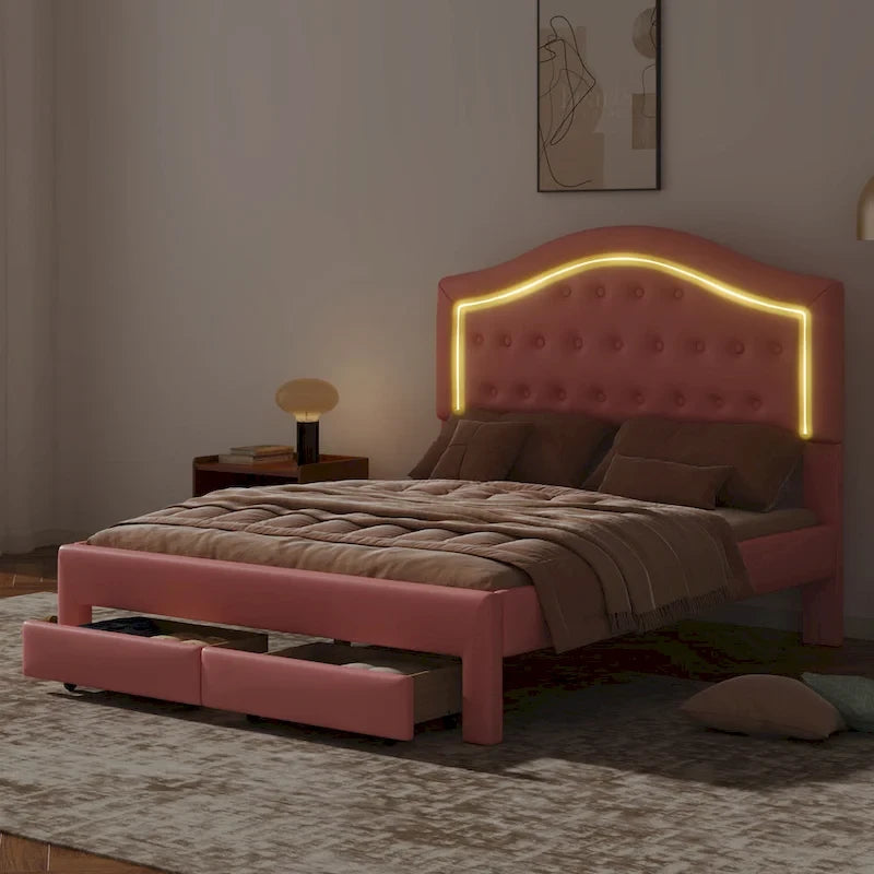 Letto imbottito con piattaforma, testiera capitonné, luci a LED e due cassetti per la camera da letto