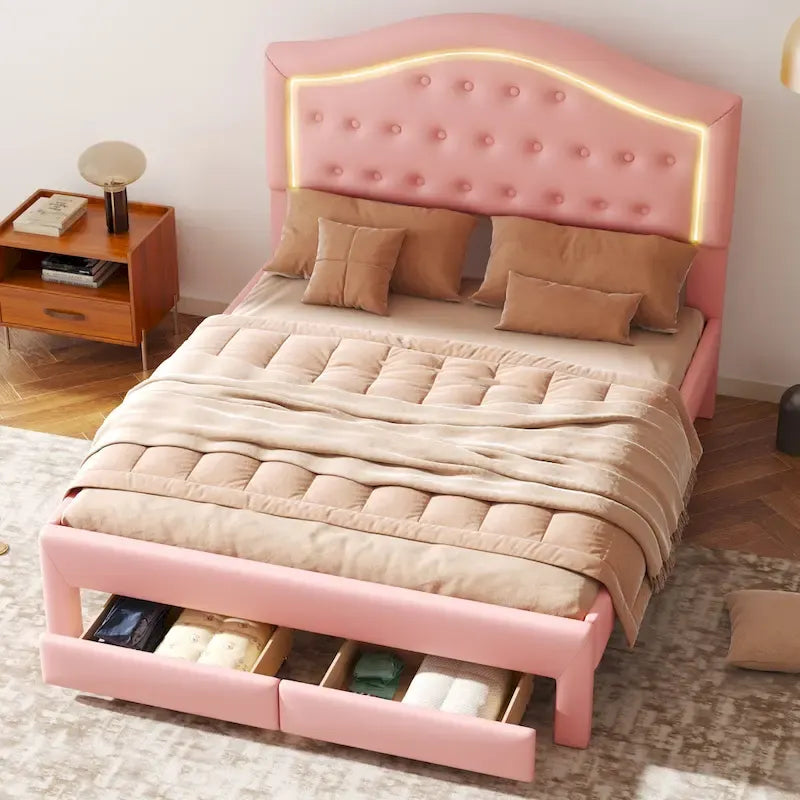Letto imbottito con piattaforma, testiera capitonné, luci a LED e due cassetti per la camera da letto