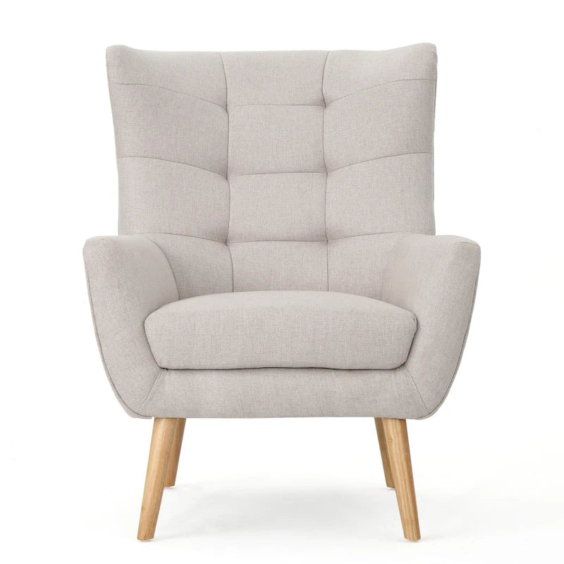 Moderna Poltrona a Orecchioni con Schienale Alto 32.5, Rivestita e Capitonnè, con Gambe in Legno di Caucciù
