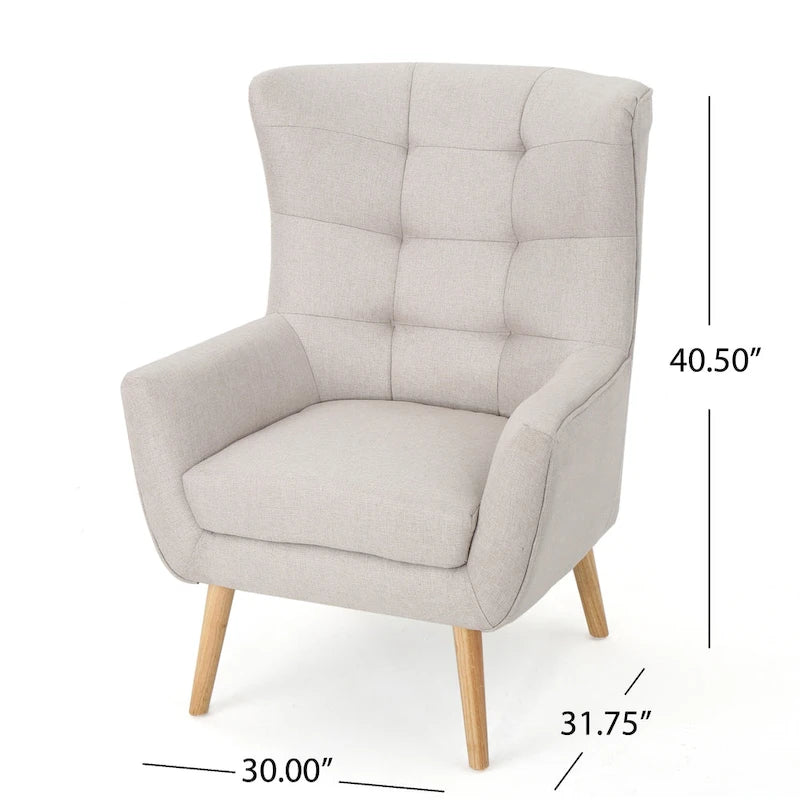 Moderna Poltrona a Orecchioni con Schienale Alto 32.5, Rivestita e Capitonnè, con Gambe in Legno di Caucciù