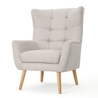 Moderna Poltrona a Orecchioni con Schienale Alto 32.5, Rivestita e Capitonnè, con Gambe in Legno di Caucciù
