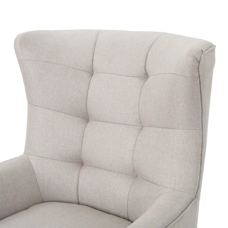 Moderna Poltrona a Orecchioni con Schienale Alto 32.5, Rivestita e Capitonnè, con Gambe in Legno di Caucciù