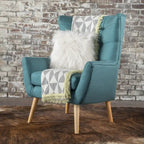 Moderna Poltrona a Orecchioni con Schienale Alto 32.5, Rivestita e Capitonnè, con Gambe in Legno di Caucciù