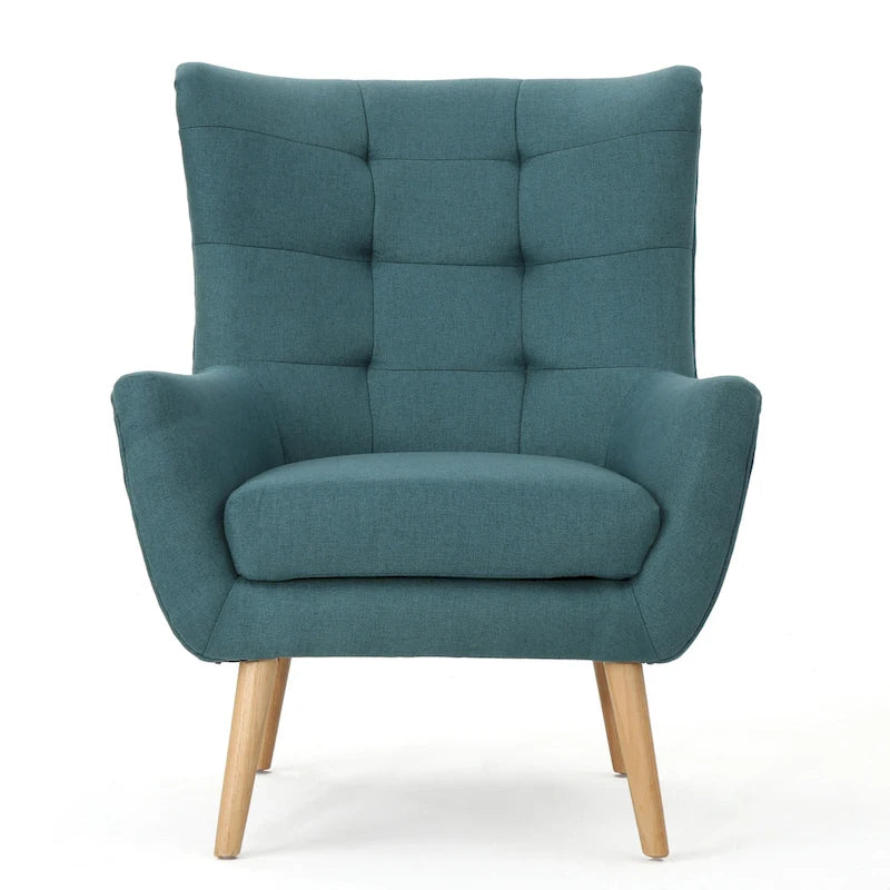Moderna Poltrona a Orecchioni con Schienale Alto 32.5, Rivestita e Capitonnè, con Gambe in Legno di Caucciù