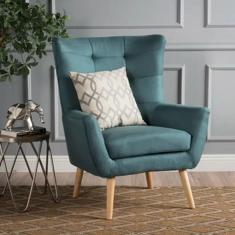 Moderna Poltrona a Orecchioni con Schienale Alto 32.5, Rivestita e Capitonnè, con Gambe in Legno di Caucciù