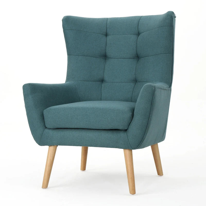 Moderna Poltrona a Orecchioni con Schienale Alto 32.5, Rivestita e Capitonnè, con Gambe in Legno di Caucciù