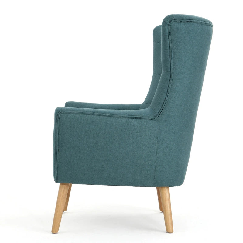 Moderna Poltrona a Orecchioni con Schienale Alto 32.5, Rivestita e Capitonnè, con Gambe in Legno di Caucciù
