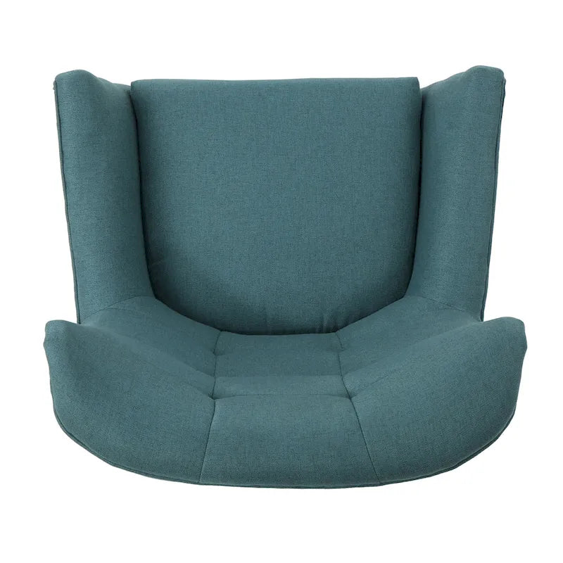 Moderna Poltrona a Orecchioni con Schienale Alto 32.5, Rivestita e Capitonnè, con Gambe in Legno di Caucciù