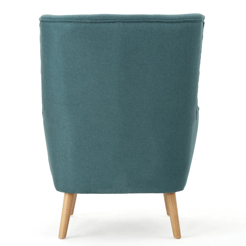 Moderna Poltrona a Orecchioni con Schienale Alto 32.5, Rivestita e Capitonnè, con Gambe in Legno di Caucciù