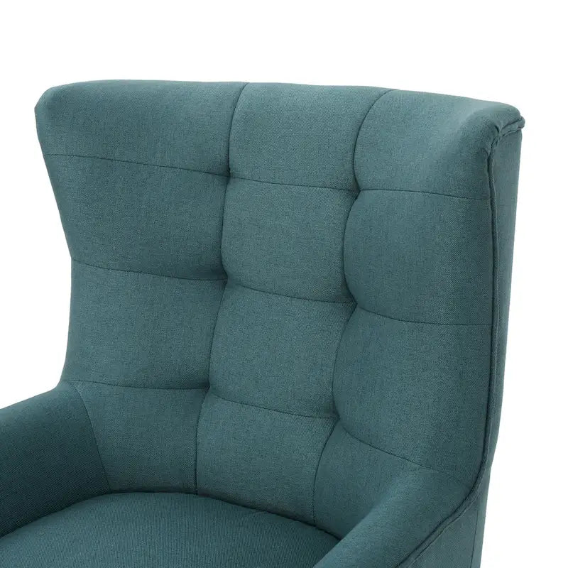 Moderna Poltrona a Orecchioni con Schienale Alto 32.5, Rivestita e Capitonnè, con Gambe in Legno di Caucciù