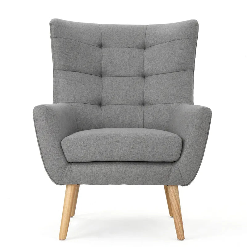 Moderna Poltrona a Orecchioni con Schienale Alto 32.5, Rivestita e Capitonnè, con Gambe in Legno di Caucciù