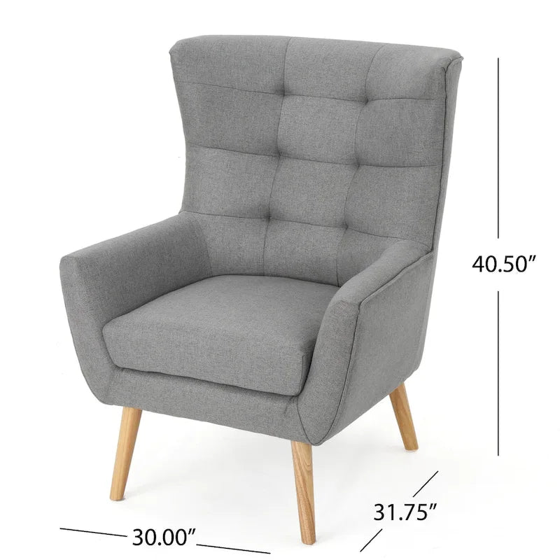 Moderna Poltrona a Orecchioni con Schienale Alto 32.5, Rivestita e Capitonnè, con Gambe in Legno di Caucciù