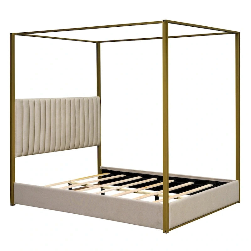 Letto a baldacchino matrimoniale Queen in lino con testiera e struttura in metallo