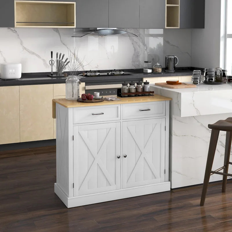 Carrello Cucina con Isola e Bancone Colazione in Legno a Ribalta, Carrello da Cucina Stile Rustico con 2 Cassetti, Bianco