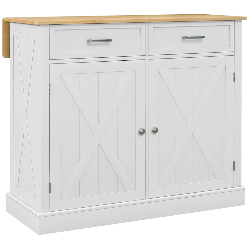Carrello Cucina con Isola e Bancone Colazione in Legno a Ribalta, Carrello da Cucina Stile Rustico con 2 Cassetti, Bianco