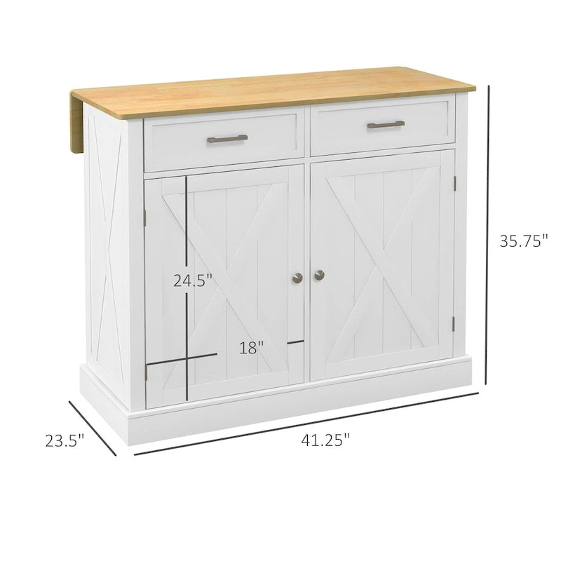 Carrello Cucina con Isola e Bancone Colazione in Legno a Ribalta, Carrello da Cucina Stile Rustico con 2 Cassetti, Bianco