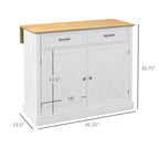 Carrello Cucina con Isola e Bancone Colazione in Legno a Ribalta, Carrello da Cucina Stile Rustico con 2 Cassetti, Bianco