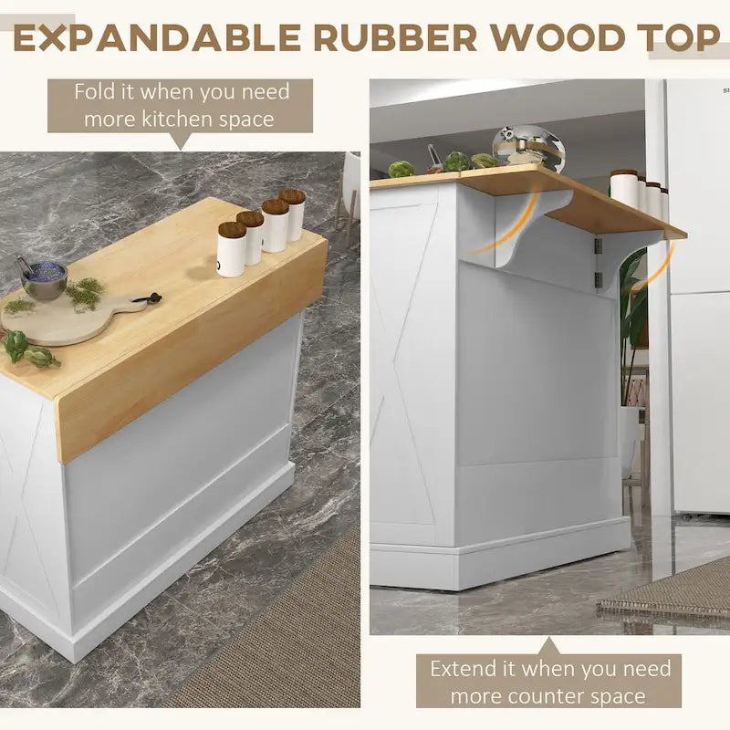 Carrello Cucina con Isola e Bancone Colazione in Legno a Ribalta, Carrello da Cucina Stile Rustico con 2 Cassetti, Bianco