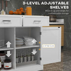 Carrello Cucina con Isola e Bancone Colazione in Legno a Ribalta, Carrello da Cucina Stile Rustico con 2 Cassetti, Bianco