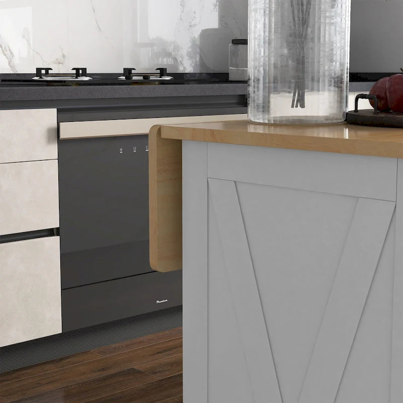 Carrello Cucina con Isola e Bancone Colazione in Legno a Ribalta, Carrello da Cucina Stile Rustico con 2 Cassetti, Bianco