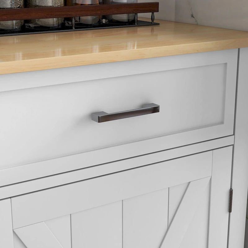 Carrello Cucina con Isola e Bancone Colazione in Legno a Ribalta, Carrello da Cucina Stile Rustico con 2 Cassetti, Bianco