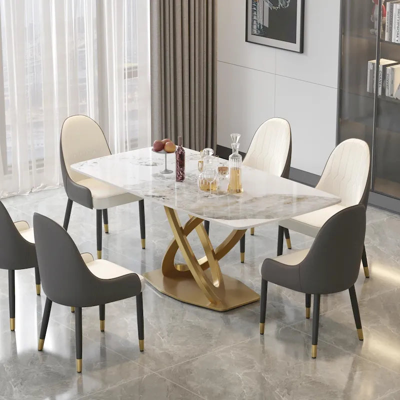 Tavolo da pranzo moderno con piano rettangolare in pietra sinterizzata e base dorata
