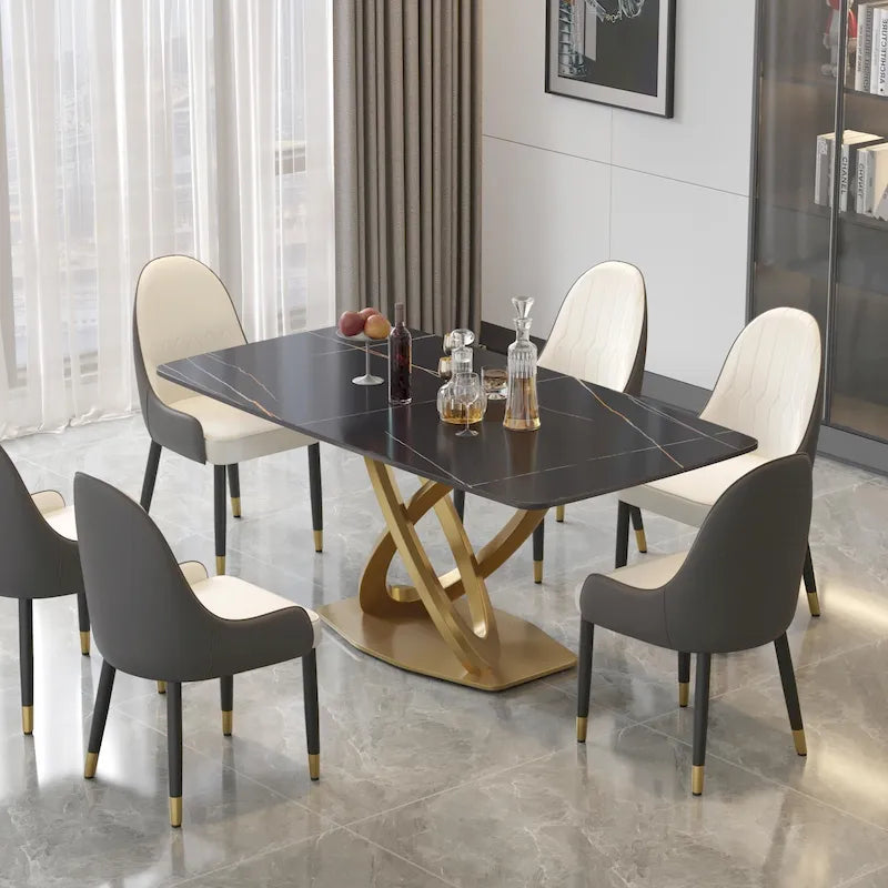 Tavolo da pranzo moderno con piano rettangolare in pietra sinterizzata e base dorata