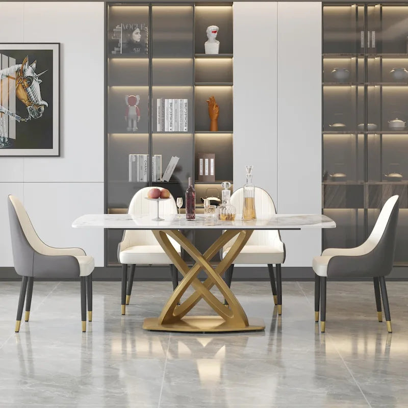 Tavolo da pranzo moderno con piano rettangolare in pietra sinterizzata e base dorata