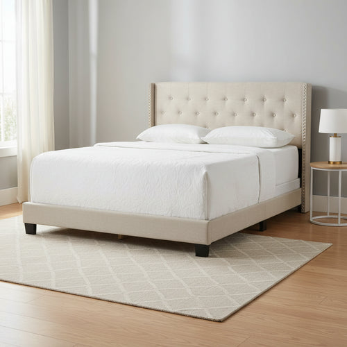 Asali Beige Fabric Bed with Button Tufting and Nail Headed Wings