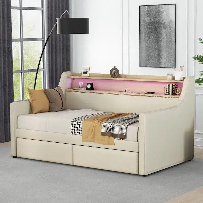 Moderno ed elegante divano letto singolo imbottito con contenitore e finiture borchiate