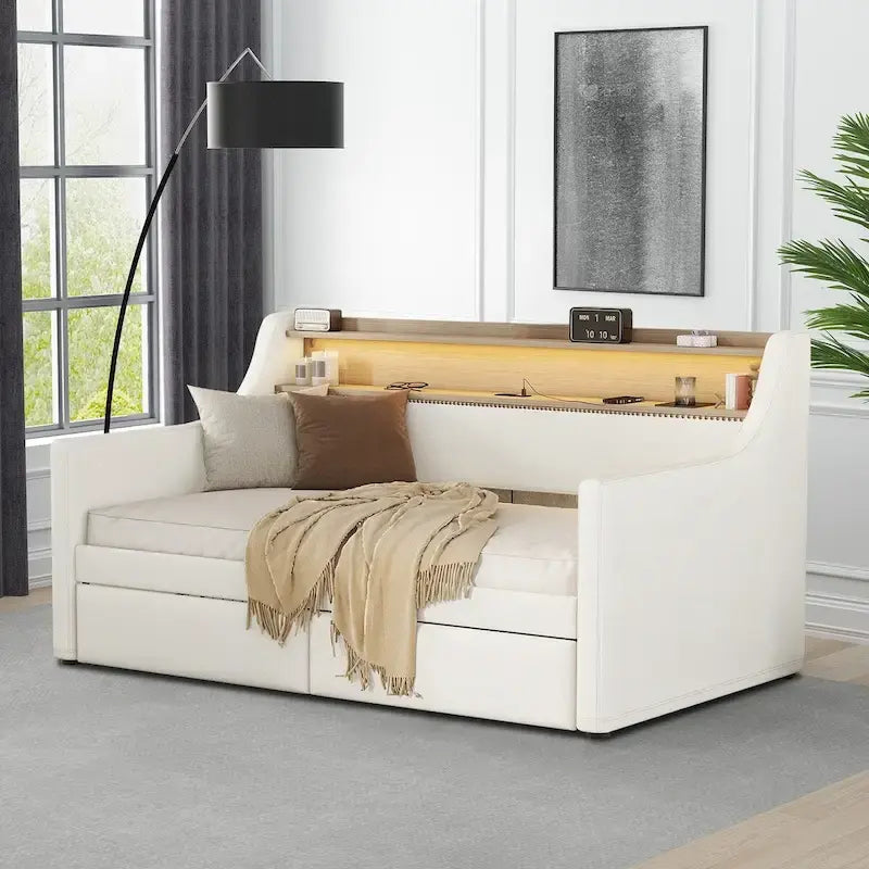 Moderno ed elegante divano letto singolo imbottito con contenitore e finiture borchiate