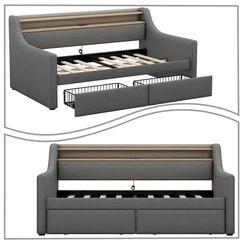 Moderno ed elegante divano letto singolo imbottito con contenitore e finiture borchiate