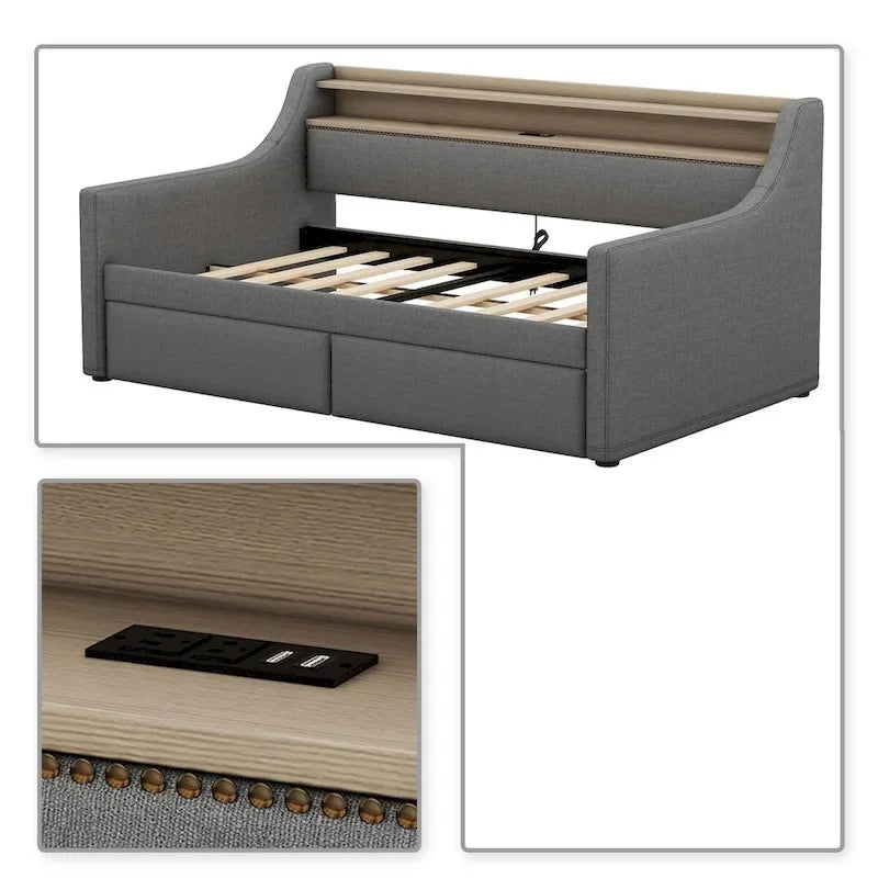Moderno ed elegante divano letto singolo imbottito con contenitore e finiture borchiate