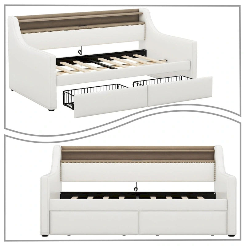 Moderno ed elegante divano letto singolo imbottito con contenitore e finiture borchiate